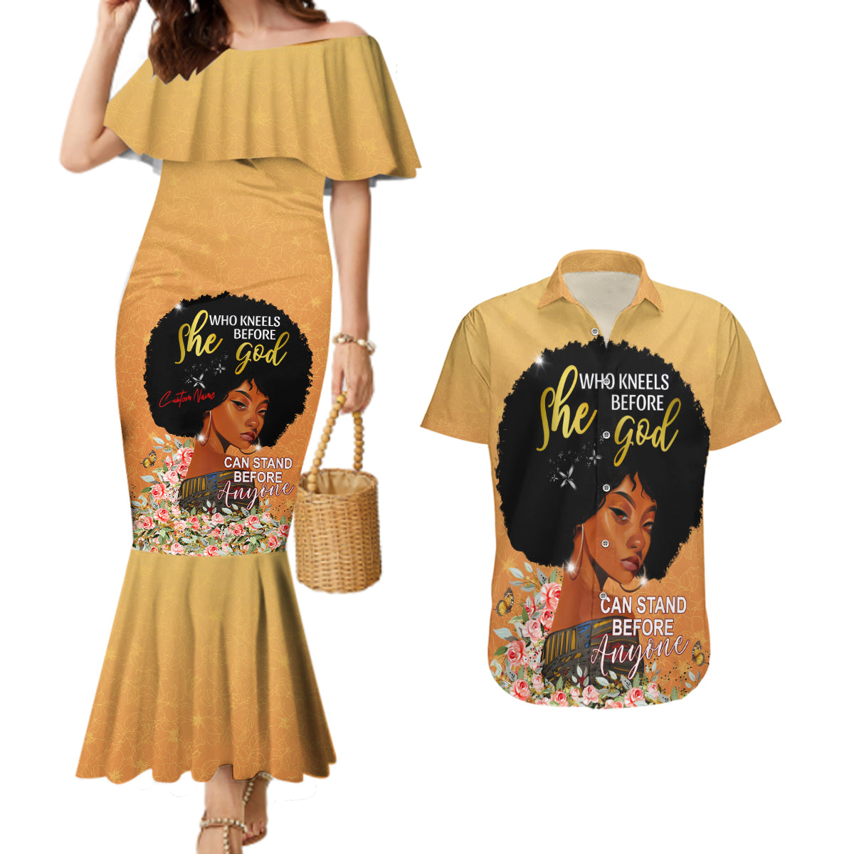 Personalized African Black Women Couples Matching Mermaid Dress and Hawaiian Shirt She Who Kneels Before God