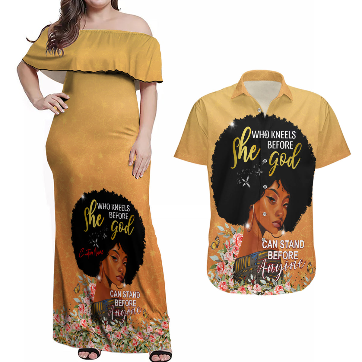 Personalized African Black Women Couples Matching Off Shoulder Maxi Dress and Hawaiian Shirt She Who Kneels Before God - Wonder Print Shop