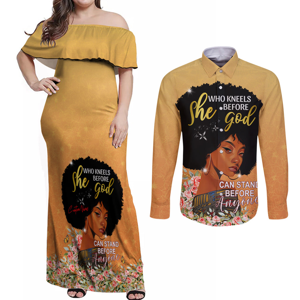 Personalized African Black Women Couples Matching Off Shoulder Maxi Dress and Long Sleeve Button Shirt She Who Kneels Before God - Wonder Print Shop