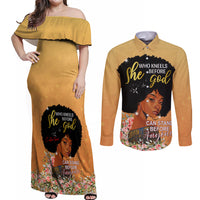 Personalized African Black Women Couples Matching Off Shoulder Maxi Dress and Long Sleeve Button Shirt She Who Kneels Before God - Wonder Print Shop