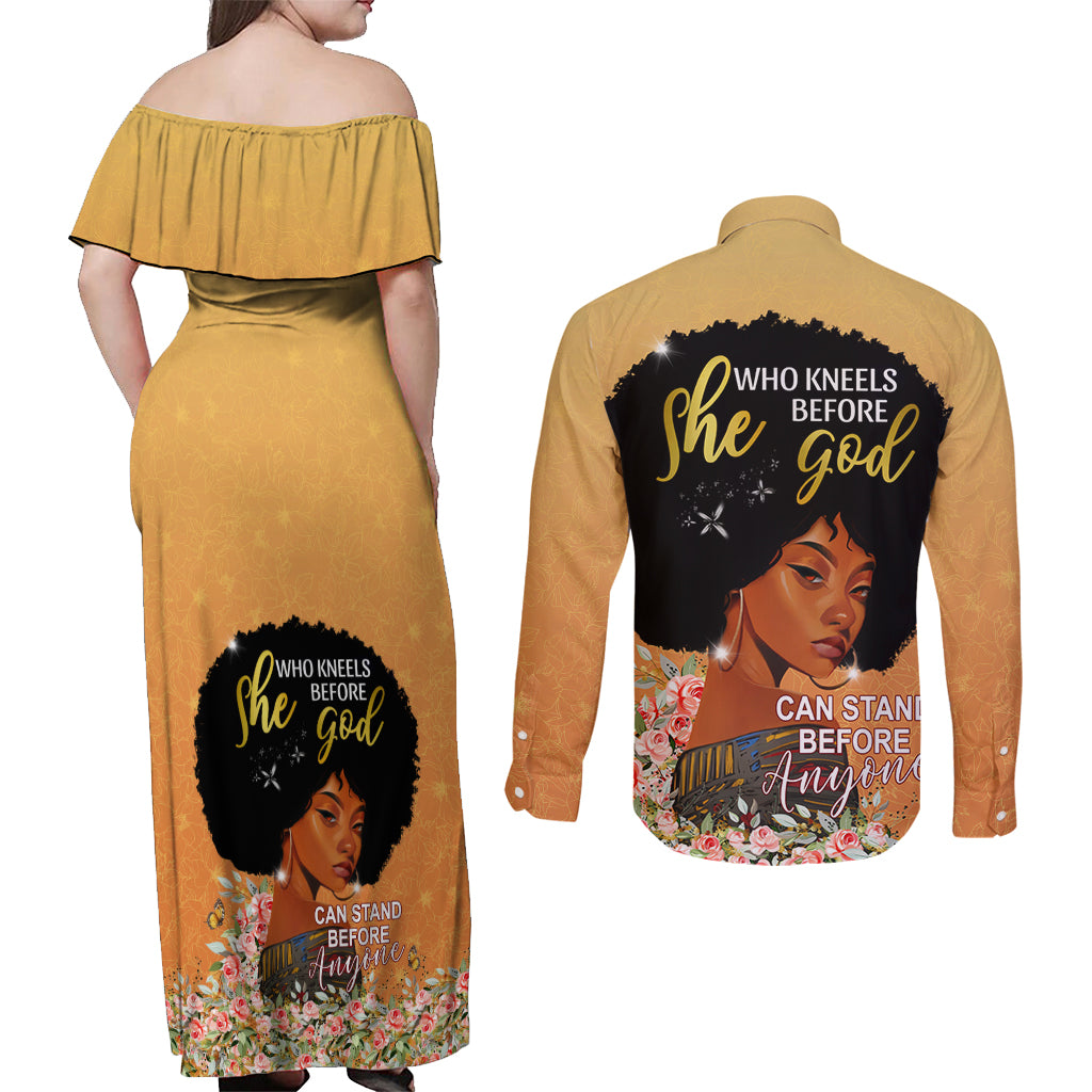 Personalized African Black Women Couples Matching Off Shoulder Maxi Dress and Long Sleeve Button Shirt She Who Kneels Before God - Wonder Print Shop