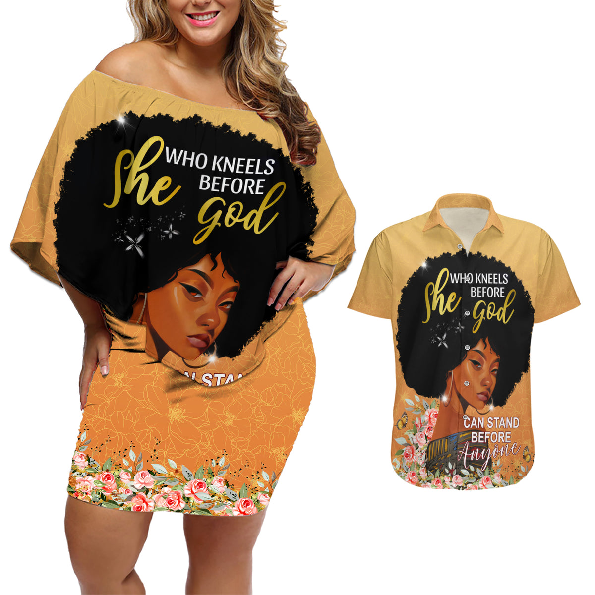 Personalized African Black Women Couples Matching Off Shoulder Short Dress and Hawaiian Shirt She Who Kneels Before God - Wonder Print Shop