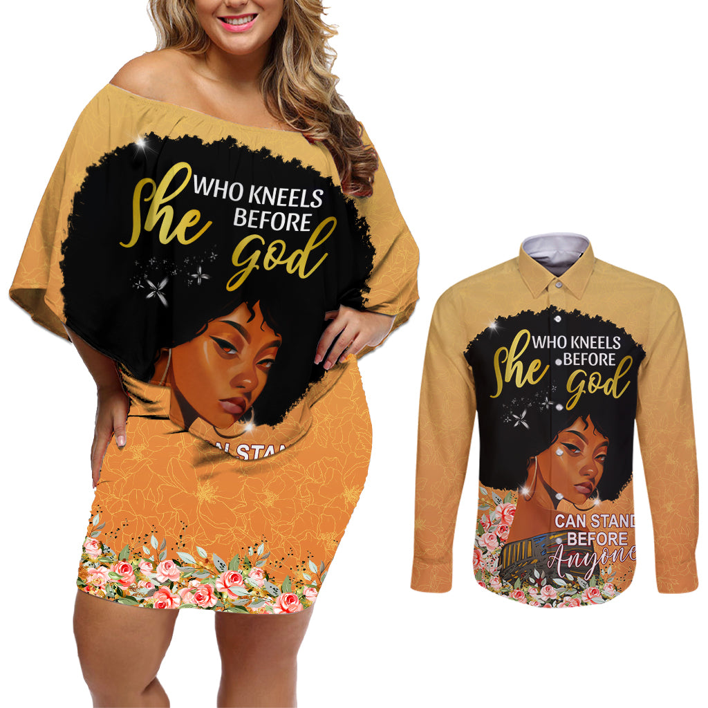 Personalized African Black Women Couples Matching Off Shoulder Short Dress and Long Sleeve Button Shirt She Who Kneels Before God - Wonder Print Shop