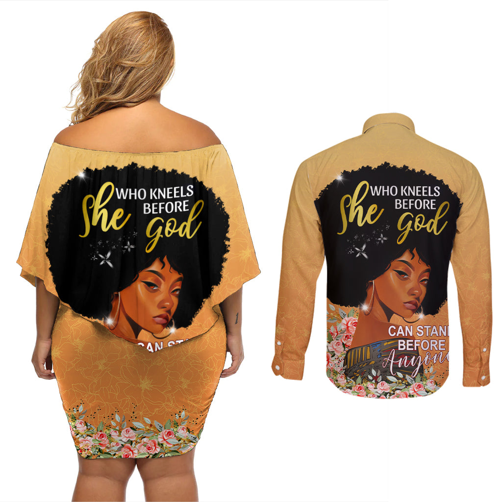Personalized African Black Women Couples Matching Off Shoulder Short Dress and Long Sleeve Button Shirt She Who Kneels Before God - Wonder Print Shop