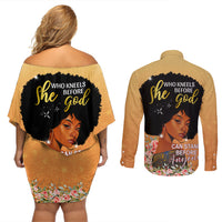 Personalized African Black Women Couples Matching Off Shoulder Short Dress and Long Sleeve Button Shirt She Who Kneels Before God - Wonder Print Shop