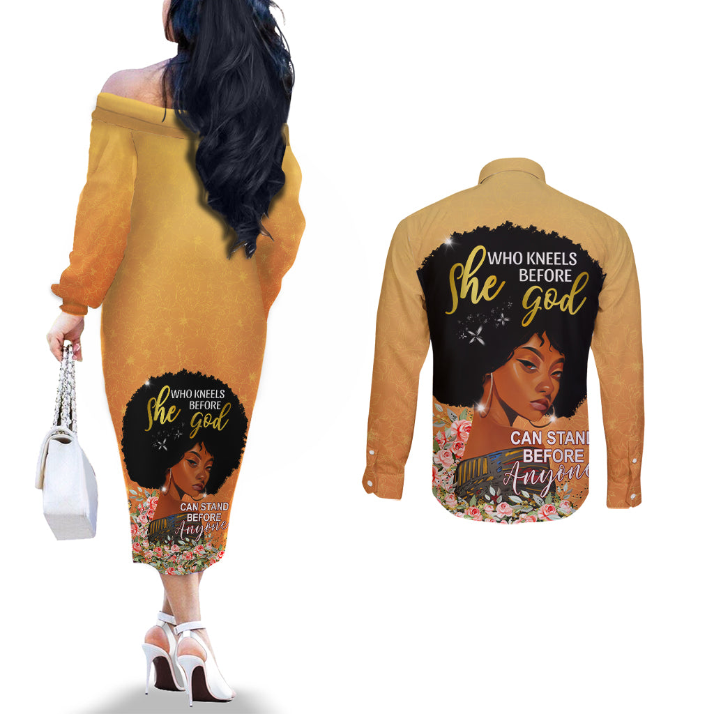 Personalized African Black Women Couples Matching Off The Shoulder Long Sleeve Dress and Long Sleeve Button Shirt She Who Kneels Before God