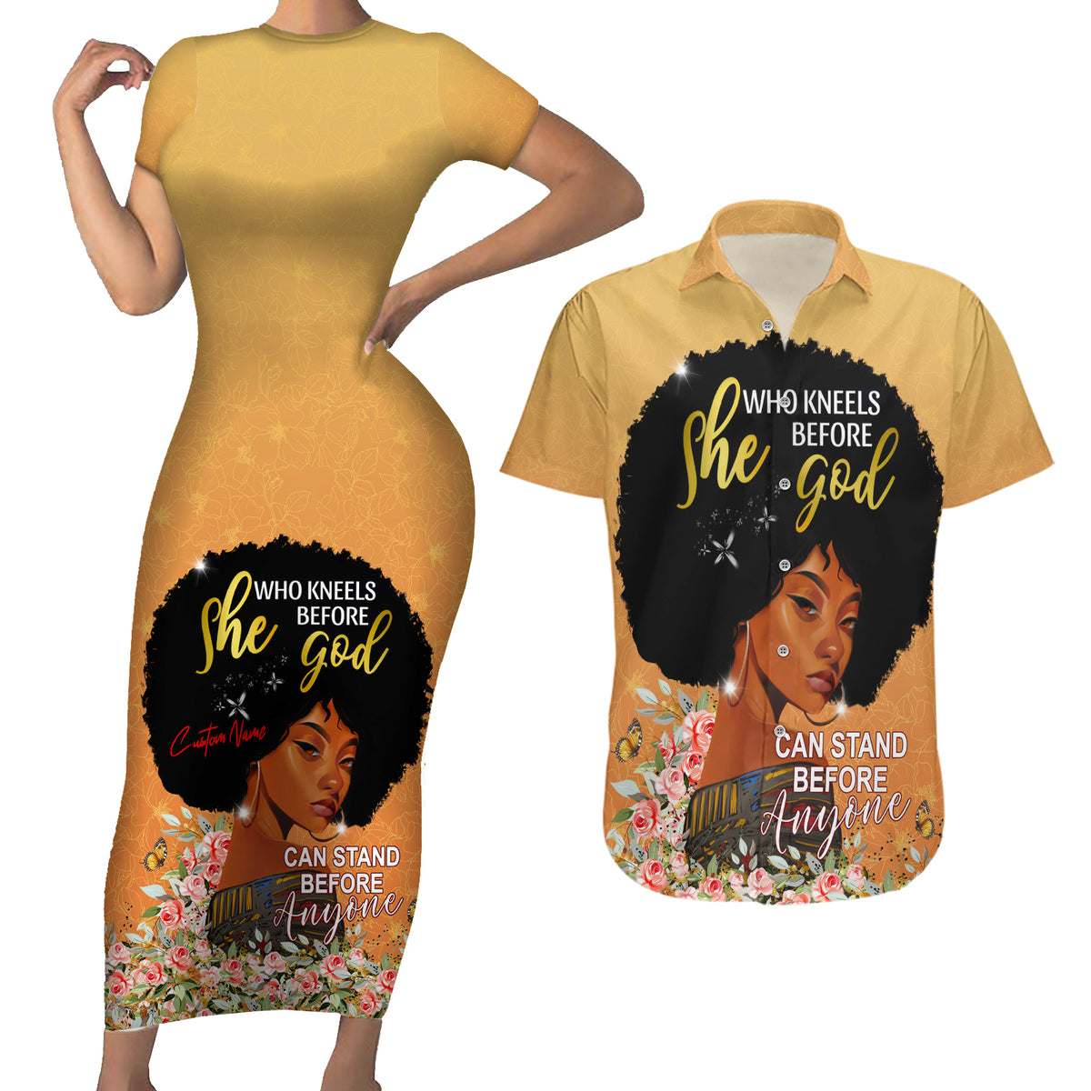 Personalized African Black Women Couples Matching Short Sleeve Bodycon Dress and Hawaiian Shirt She Who Kneels Before God - Wonder Print Shop