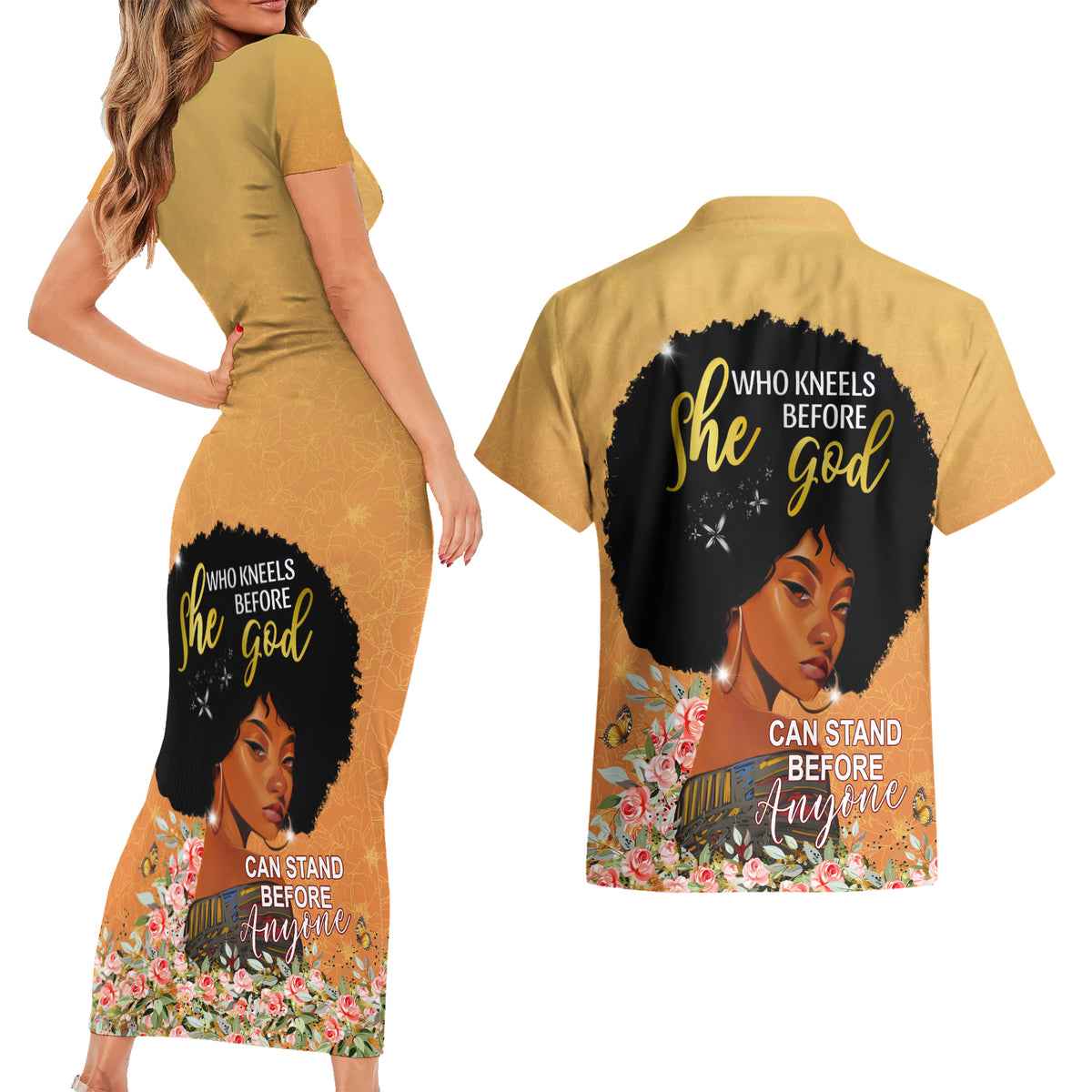 Personalized African Black Women Couples Matching Short Sleeve Bodycon Dress and Hawaiian Shirt She Who Kneels Before God - Wonder Print Shop