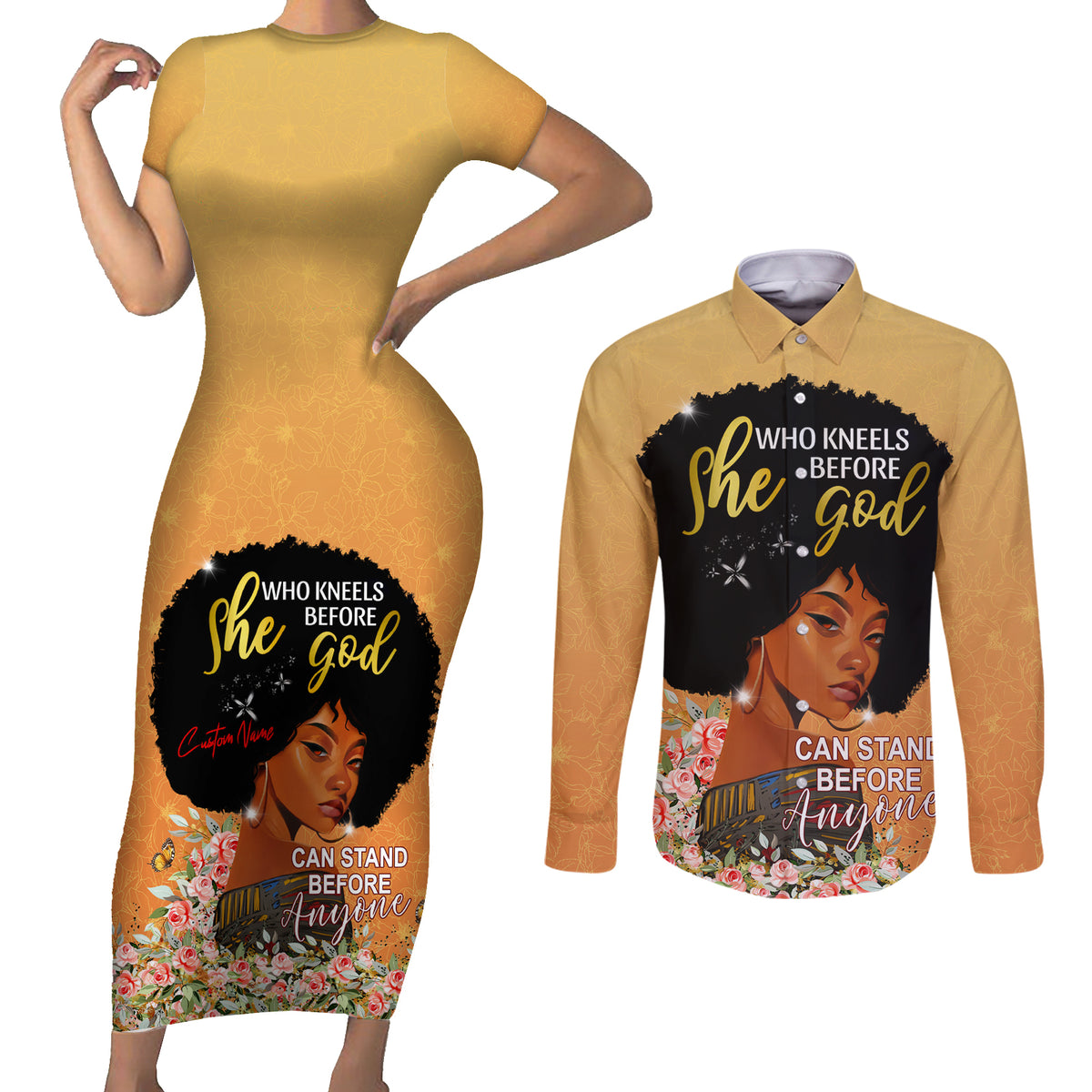 Personalized African Black Women Couples Matching Short Sleeve Bodycon Dress and Long Sleeve Button Shirt She Who Kneels Before God - Wonder Print Shop