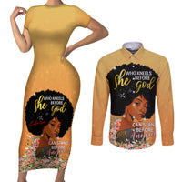 Personalized African Black Women Couples Matching Short Sleeve Bodycon Dress and Long Sleeve Button Shirt She Who Kneels Before God - Wonder Print Shop
