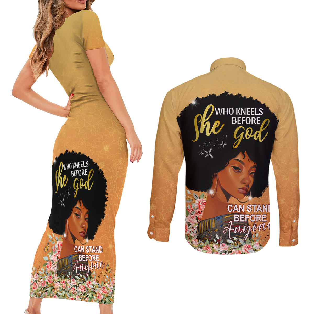 Personalized African Black Women Couples Matching Short Sleeve Bodycon Dress and Long Sleeve Button Shirt She Who Kneels Before God - Wonder Print Shop