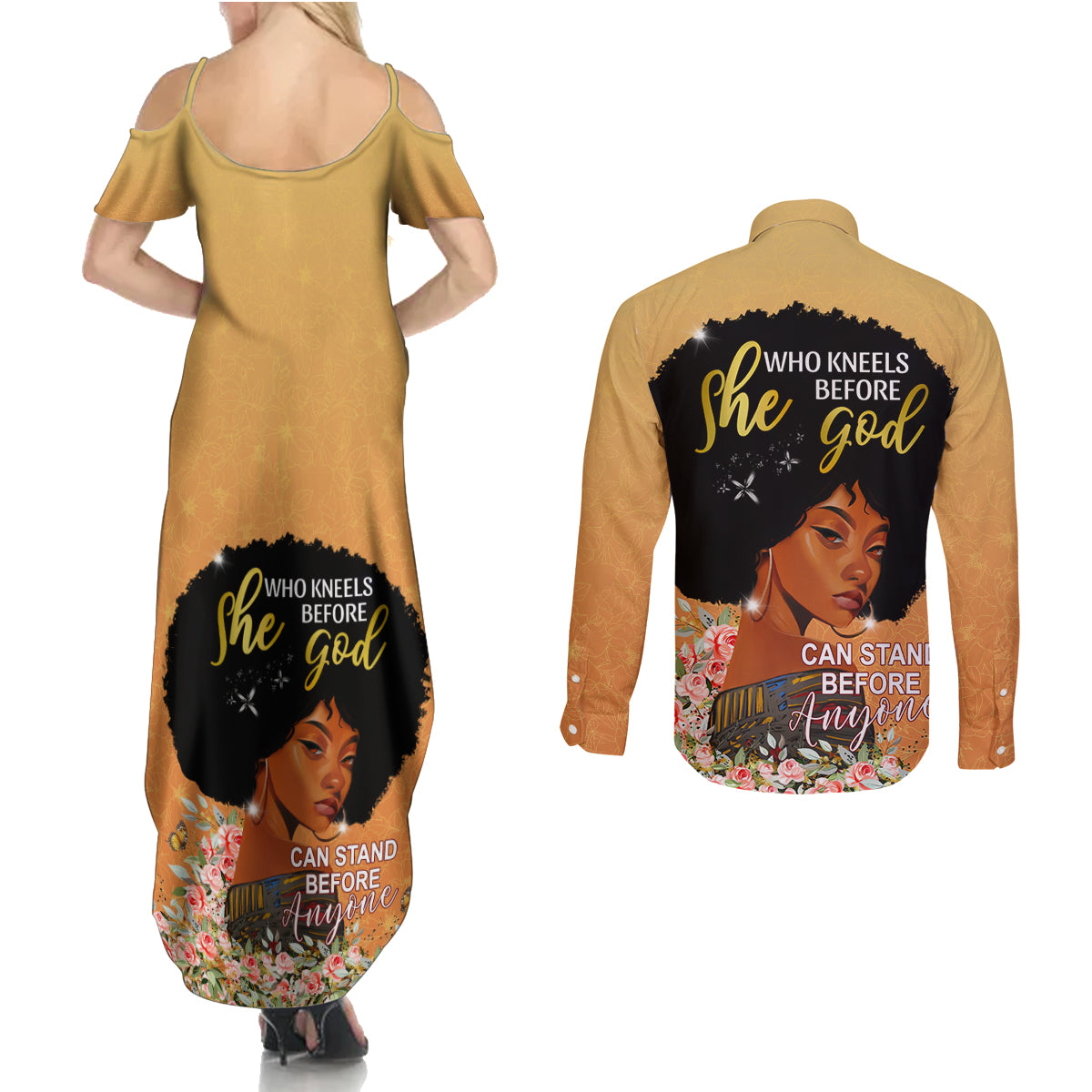 Personalized African Black Women Couples Matching Summer Maxi Dress and Long Sleeve Button Shirt She Who Kneels Before God - Wonder Print Shop