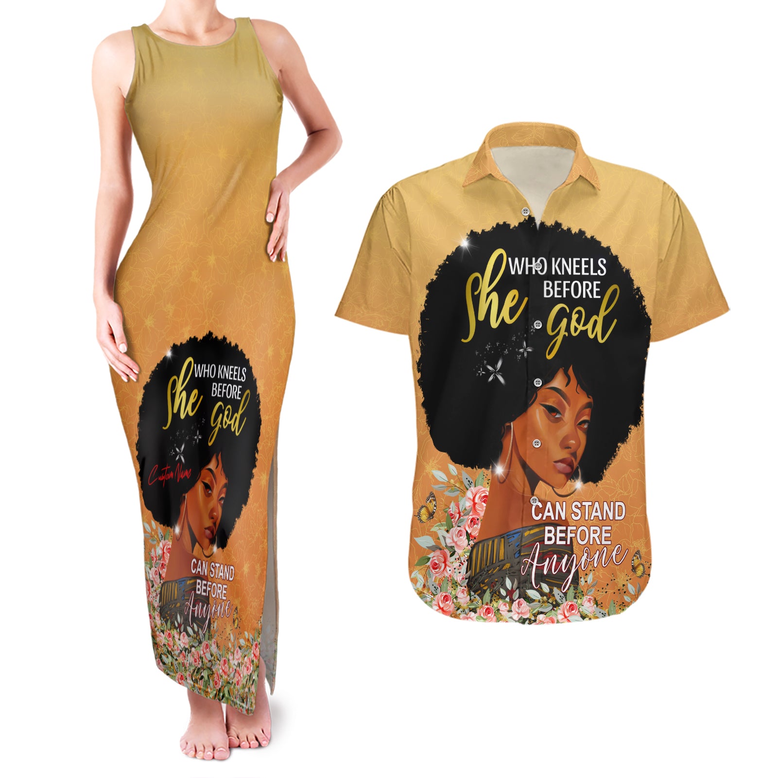 Personalized African Black Women Couples Matching Tank Maxi Dress and Hawaiian Shirt She Who Kneels Before God - Wonder Print Shop