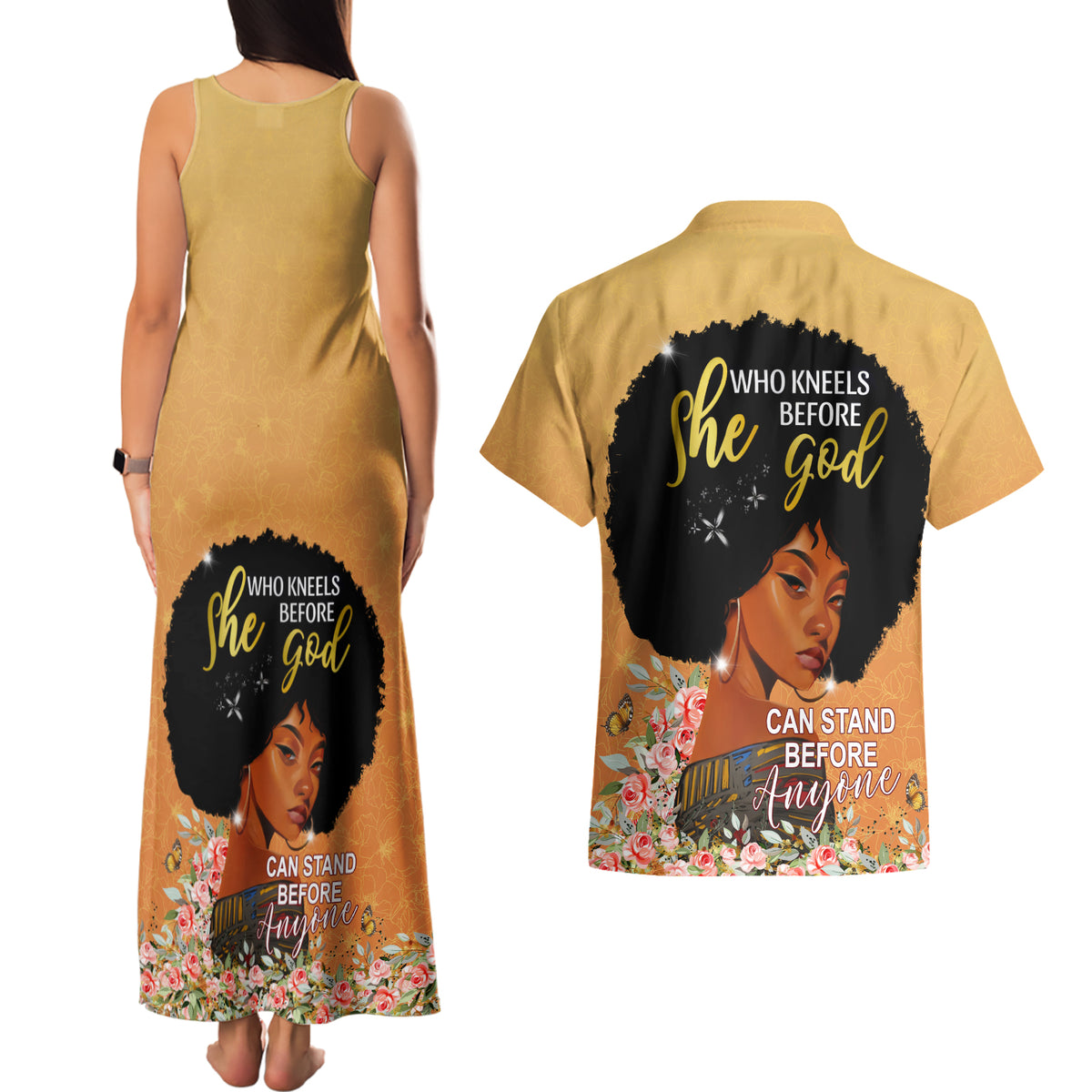 Personalized African Black Women Couples Matching Tank Maxi Dress and Hawaiian Shirt She Who Kneels Before God - Wonder Print Shop