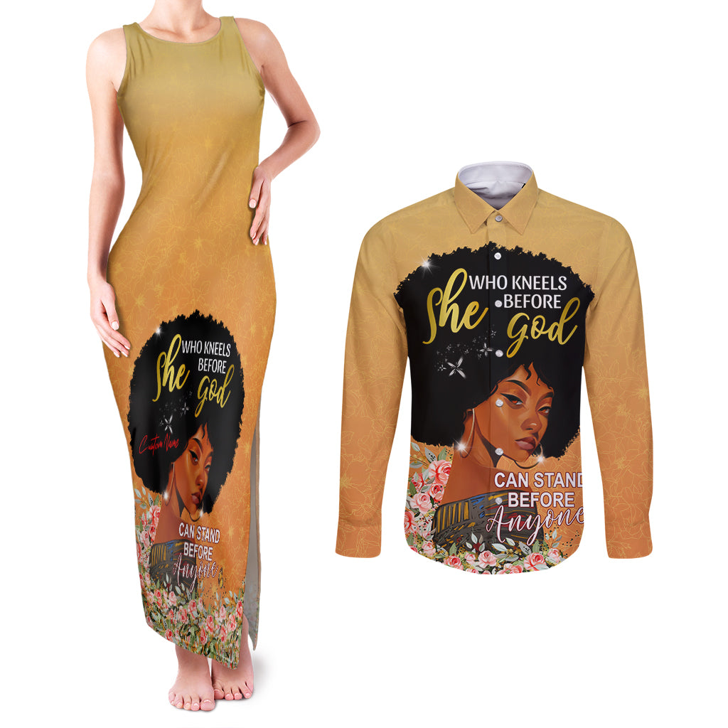 Personalized African Black Women Couples Matching Tank Maxi Dress and Long Sleeve Button Shirt She Who Kneels Before God - Wonder Print Shop