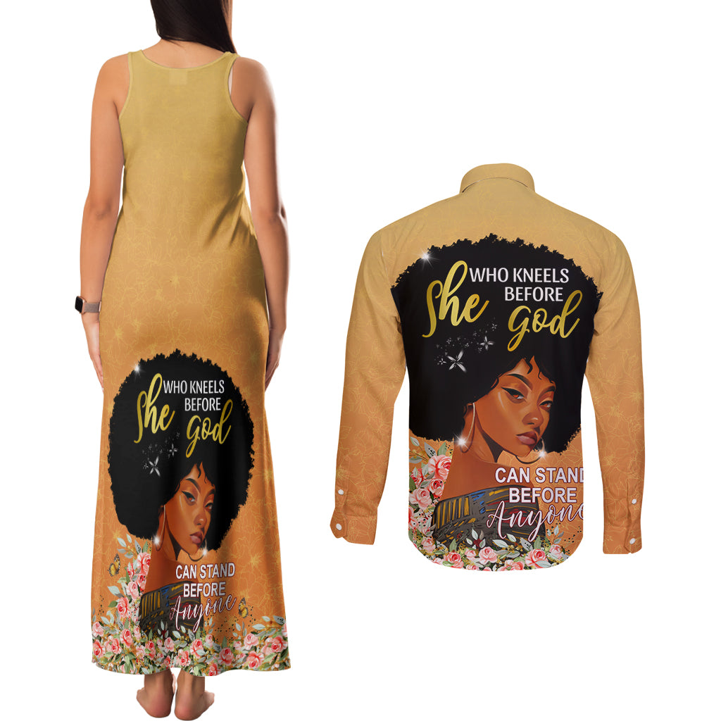 Personalized African Black Women Couples Matching Tank Maxi Dress and Long Sleeve Button Shirt She Who Kneels Before God - Wonder Print Shop