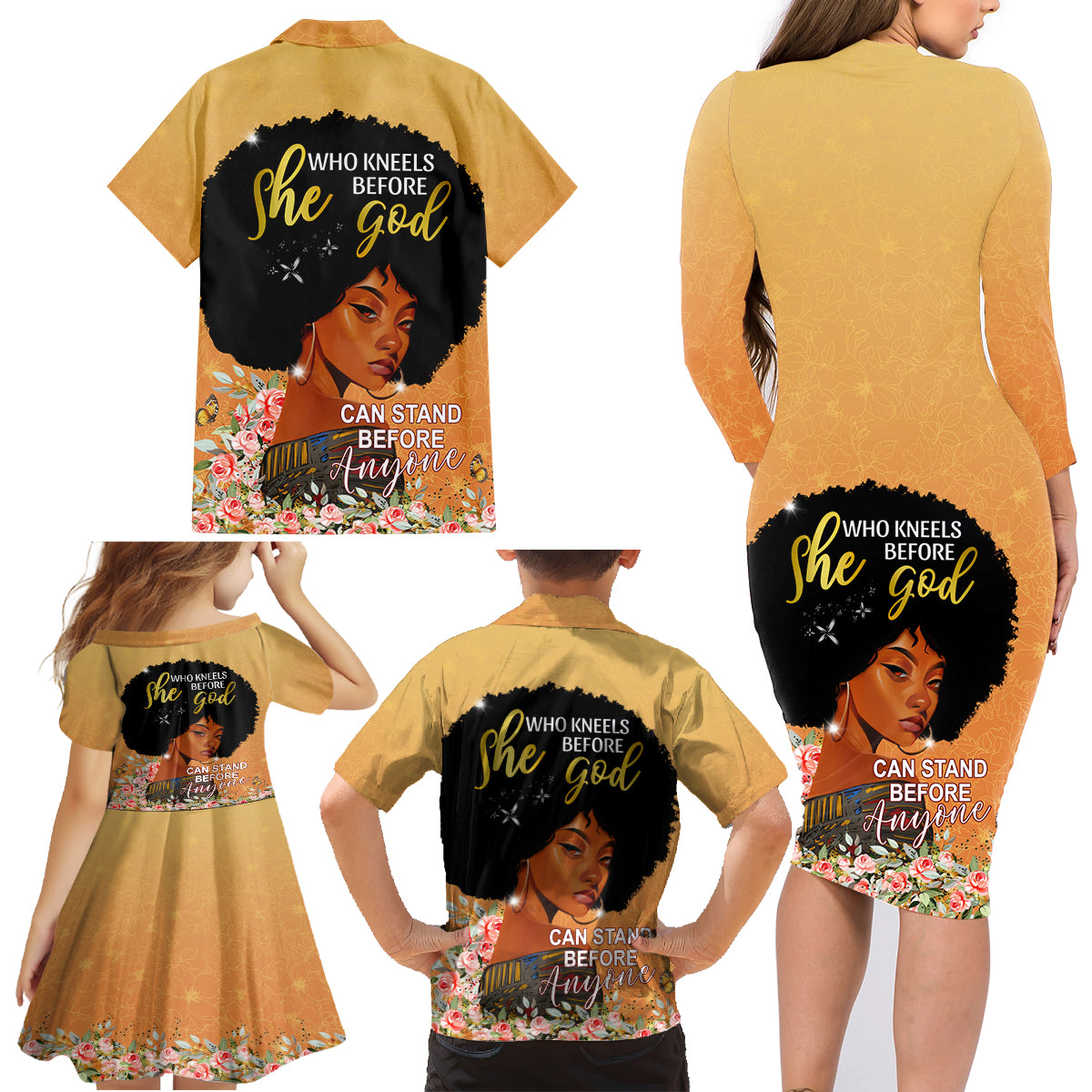Personalized African Black Women Family Matching Long Sleeve Bodycon Dress and Hawaiian Shirt She Who Kneels Before God - Wonder Print Shop