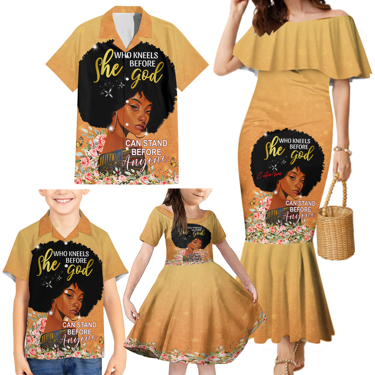 Personalized African Black Women Family Matching Mermaid Dress and Hawaiian Shirt She Who Kneels Before God - Wonder Print Shop