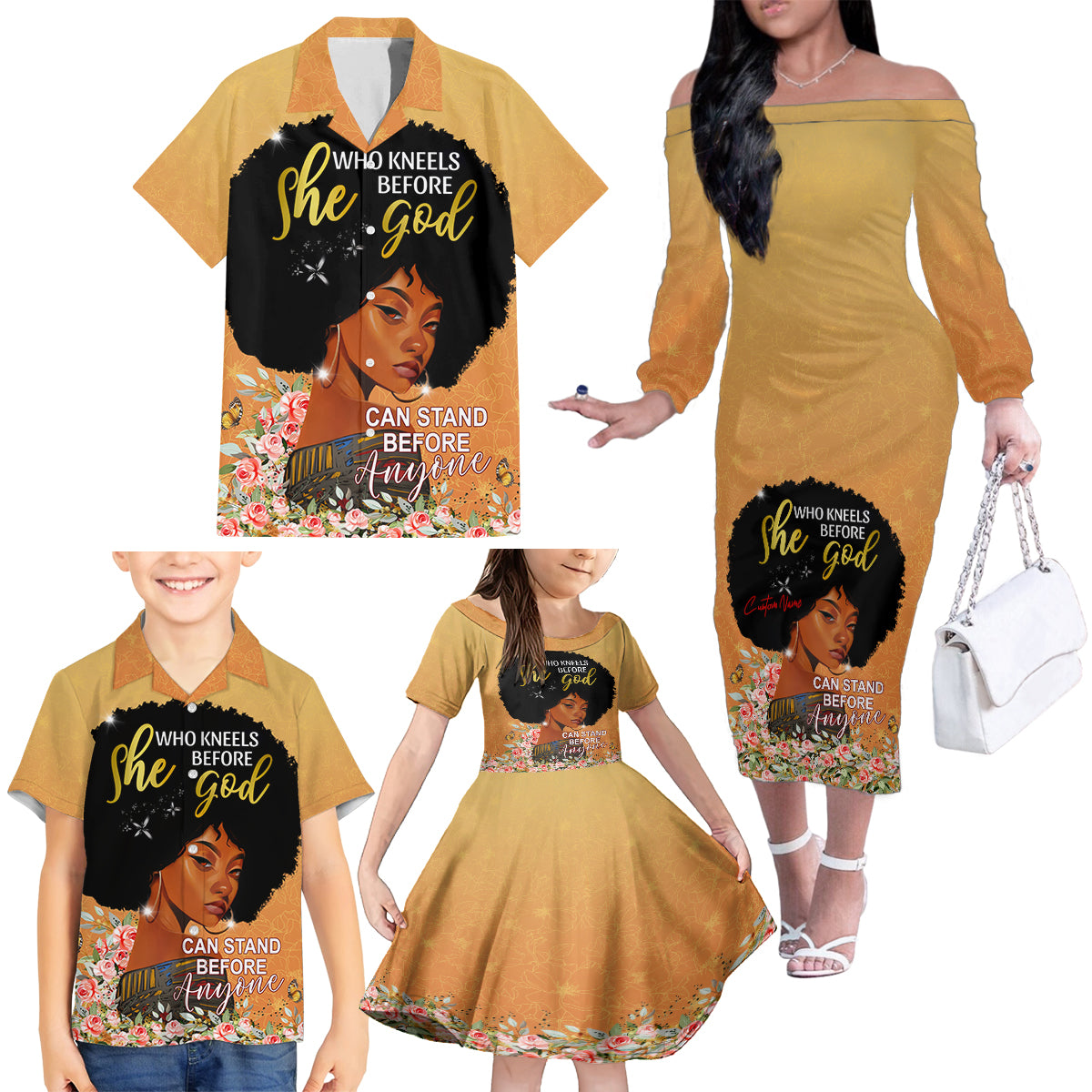 Personalized African Black Women Family Matching Off Shoulder Long Sleeve Dress and Hawaiian Shirt She Who Kneels Before God - Wonder Print Shop