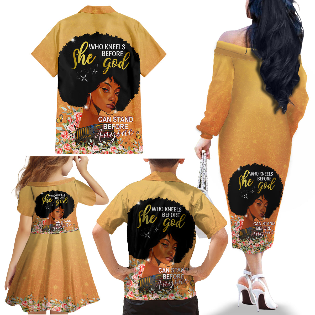 Personalized African Black Women Family Matching Off Shoulder Long Sleeve Dress and Hawaiian Shirt She Who Kneels Before God - Wonder Print Shop