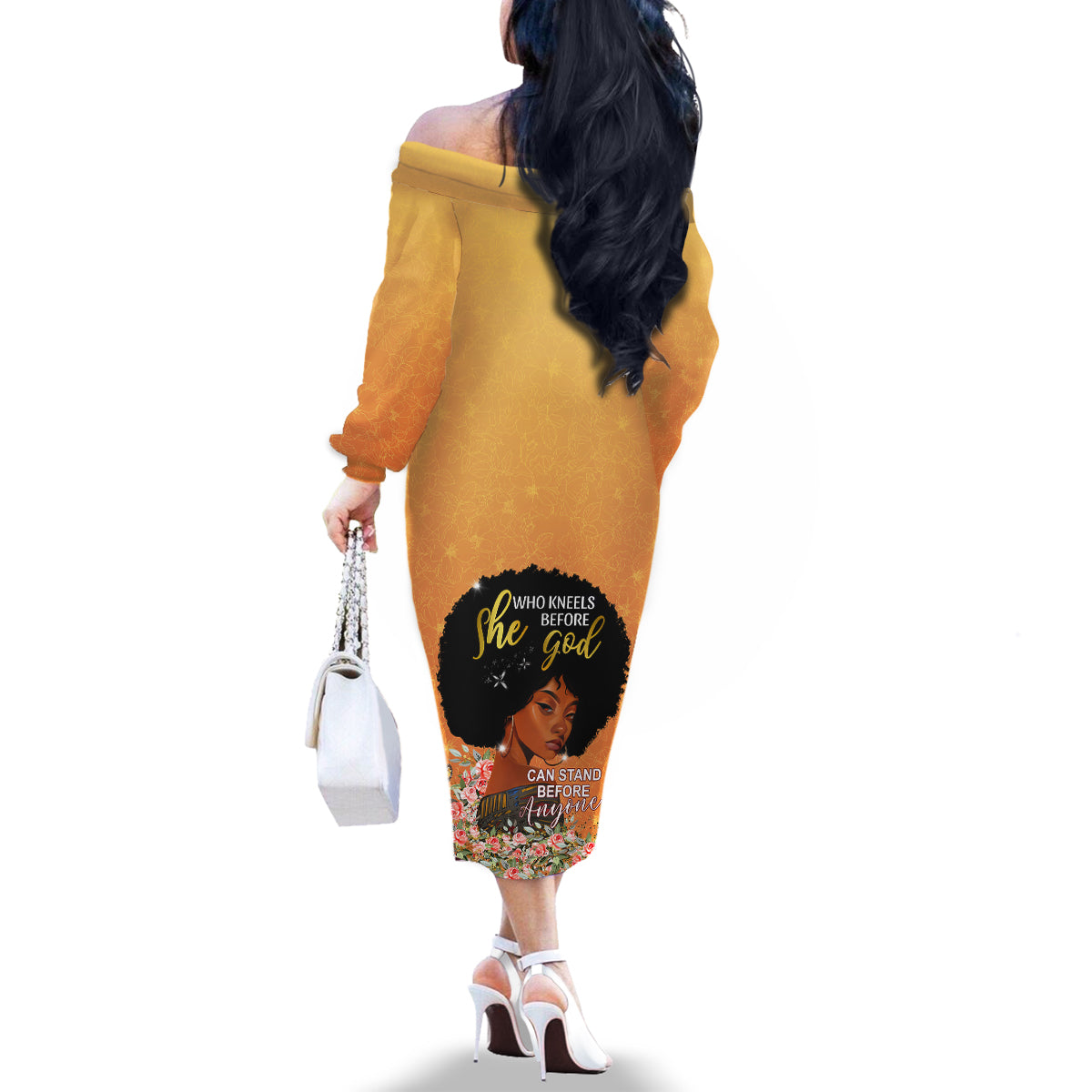 Personalized African Black Women Family Matching Off Shoulder Long Sleeve Dress and Hawaiian Shirt She Who Kneels Before God - Wonder Print Shop