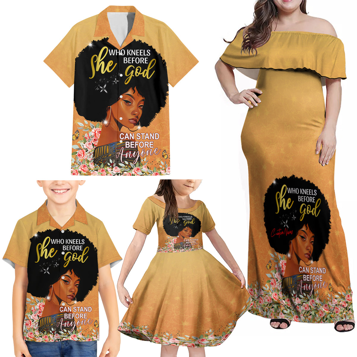 Personalized African Black Women Family Matching Off Shoulder Maxi Dress and Hawaiian Shirt She Who Kneels Before God - Wonder Print Shop
