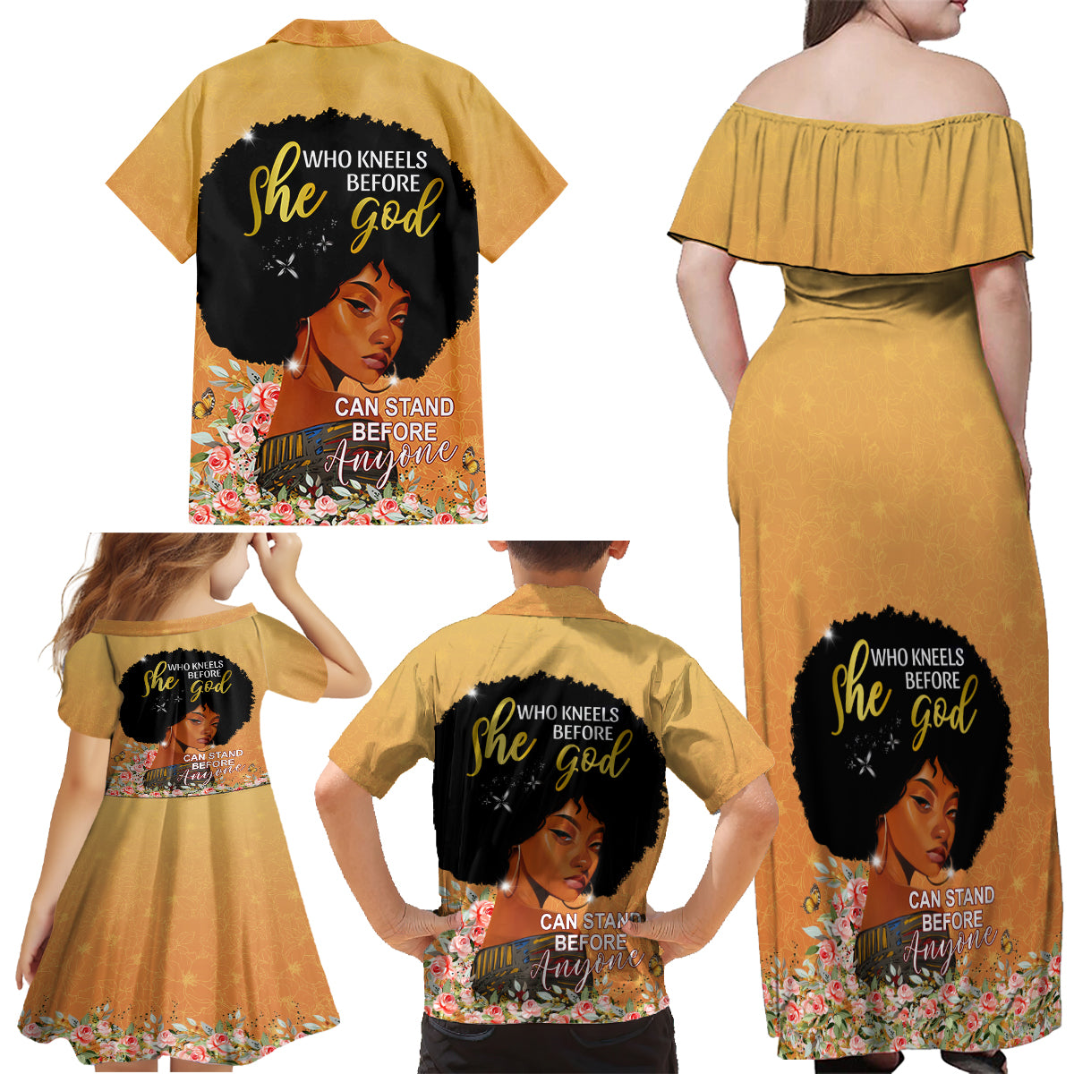 Personalized African Black Women Family Matching Off Shoulder Maxi Dress and Hawaiian Shirt She Who Kneels Before God - Wonder Print Shop