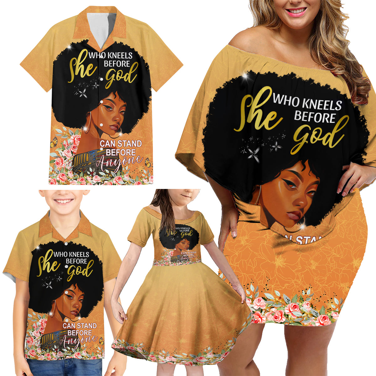 Personalized African Black Women Family Matching Off Shoulder Short Dress and Hawaiian Shirt She Who Kneels Before God - Wonder Print Shop
