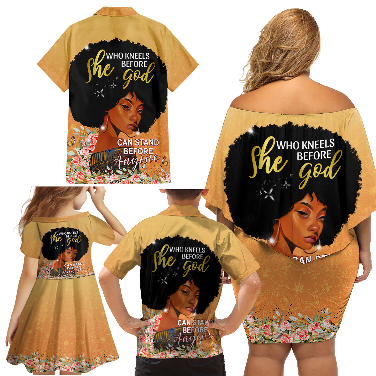 Personalized African Black Women Family Matching Off Shoulder Short Dress and Hawaiian Shirt She Who Kneels Before God - Wonder Print Shop