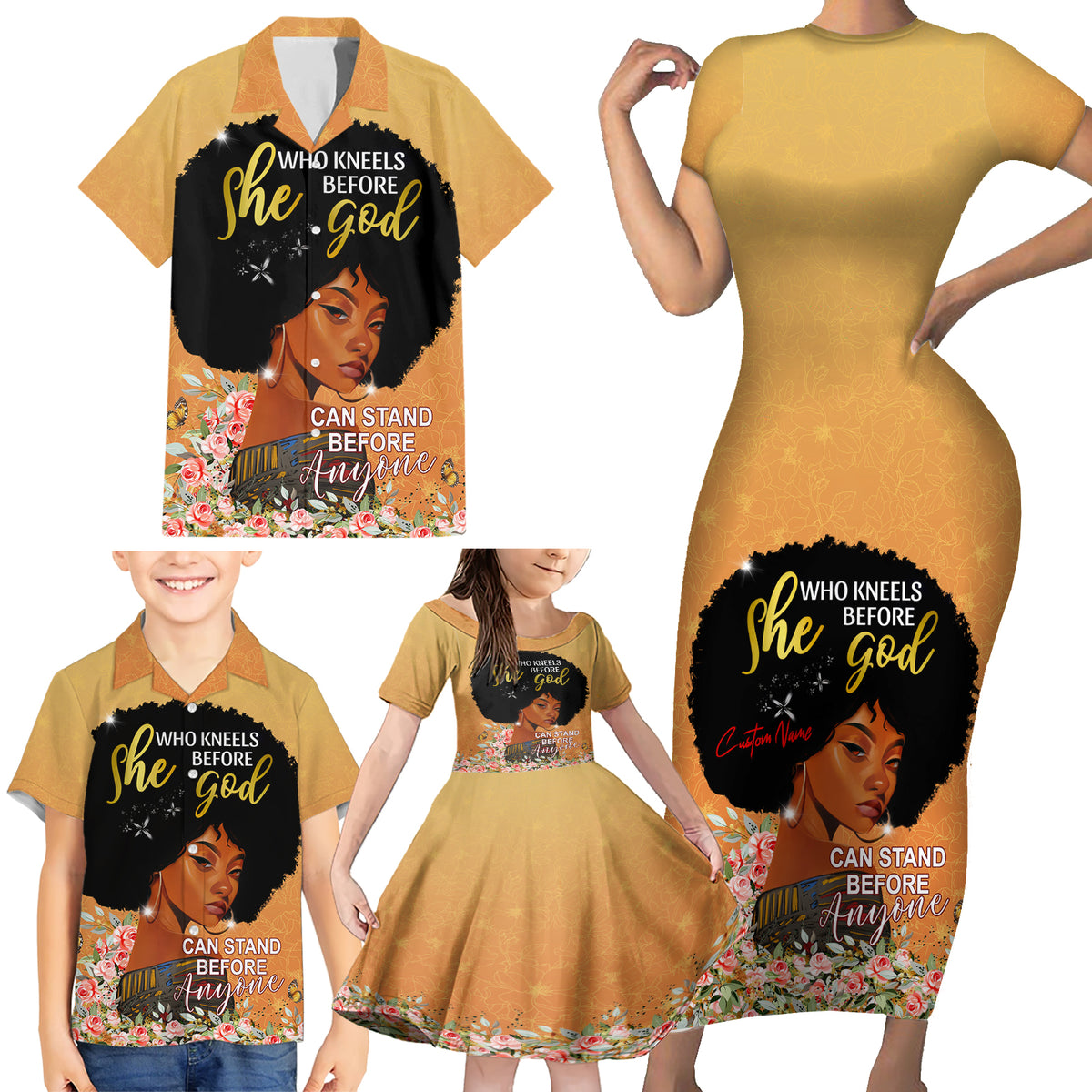 Personalized African Black Women Family Matching Short Sleeve Bodycon Dress and Hawaiian Shirt She Who Kneels Before God - Wonder Print Shop