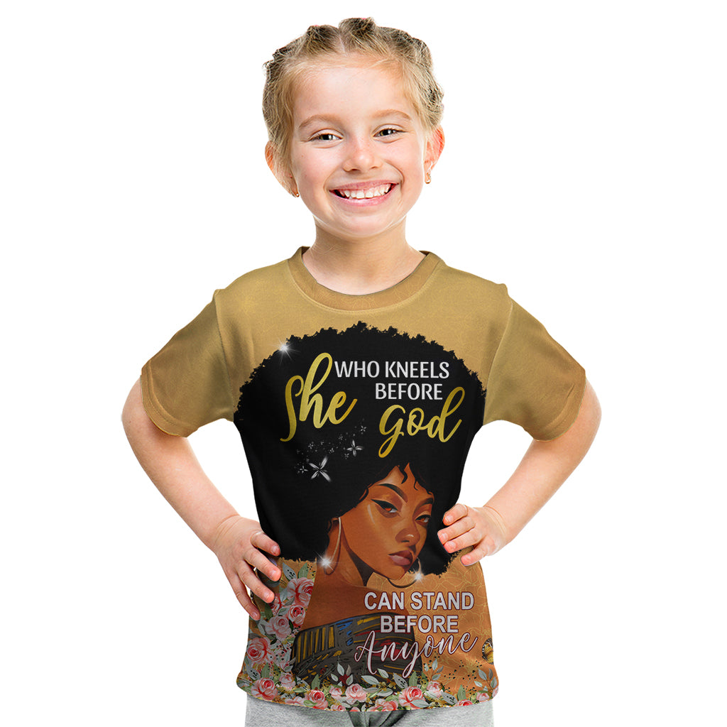 Personalized African Black Women Kid T Shirt She Who Kneels Before God - Wonder Print Shop