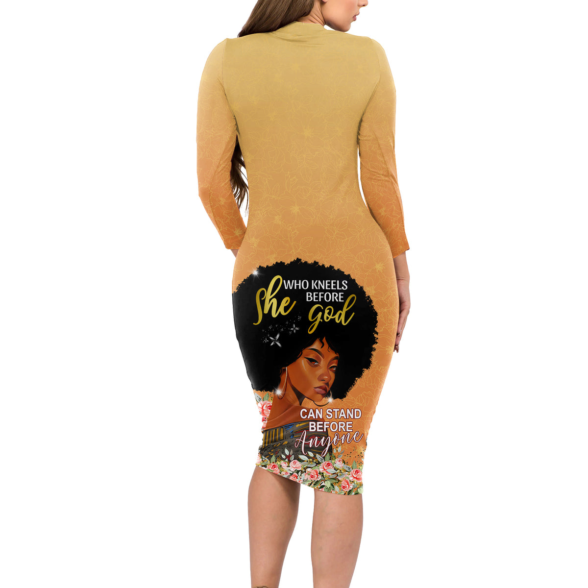 Personalized African Black Women Long Sleeve Bodycon Dress She Who Kneels Before God - Wonder Print Shop