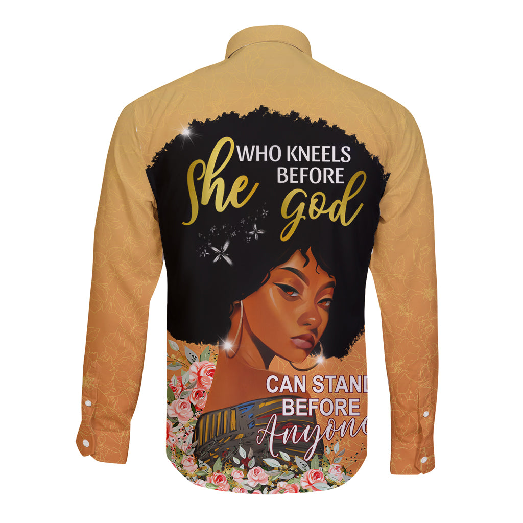 Personalized African Black Women Long Sleeve Button Shirt She Who Kneels Before God - Wonder Print Shop