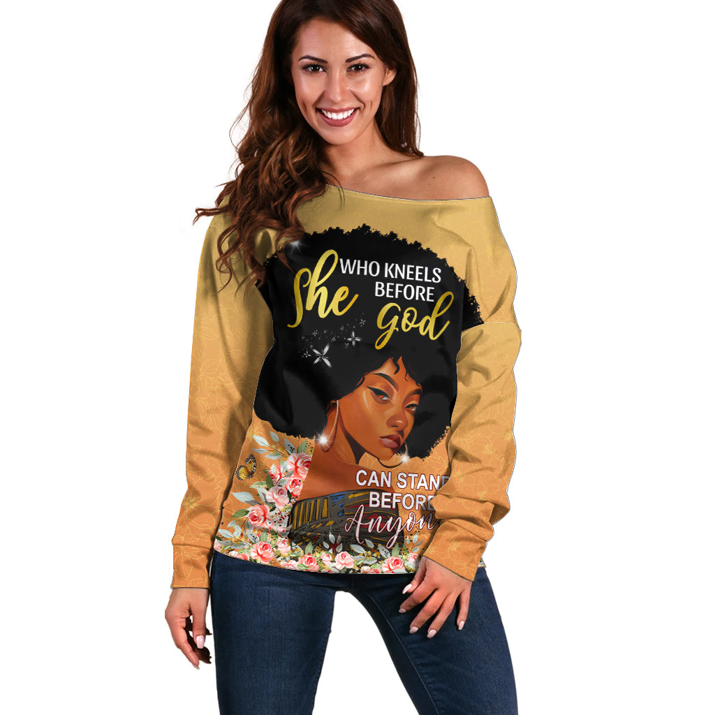 Personalized African Black Women Off Shoulder Sweater She Who Kneels Before God - Wonder Print Shop
