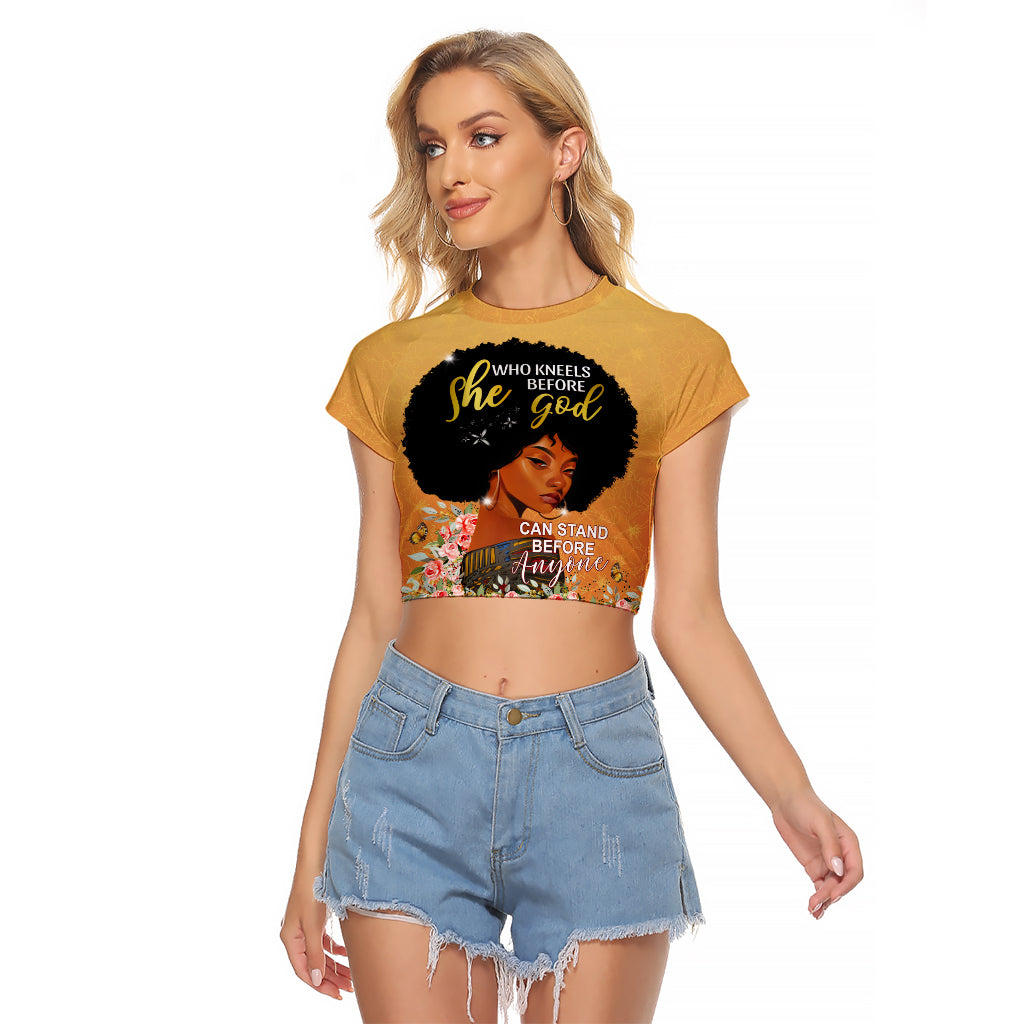 Personalized African Black Women Raglan Cropped T Shirt She Who Kneels Before God - Wonder Print Shop