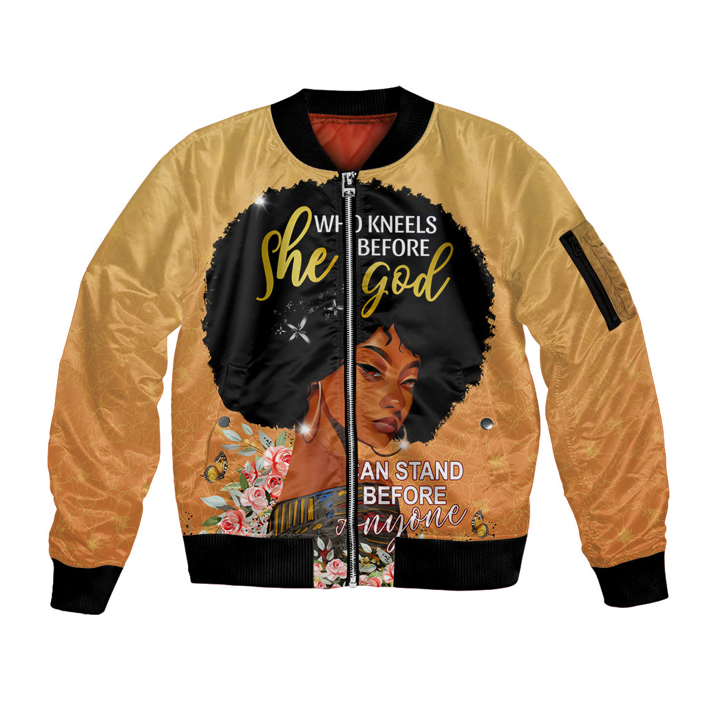 Personalized African Black Women Sleeve Zip Bomber Jacket She Who Kneels Before God - Wonder Print Shop