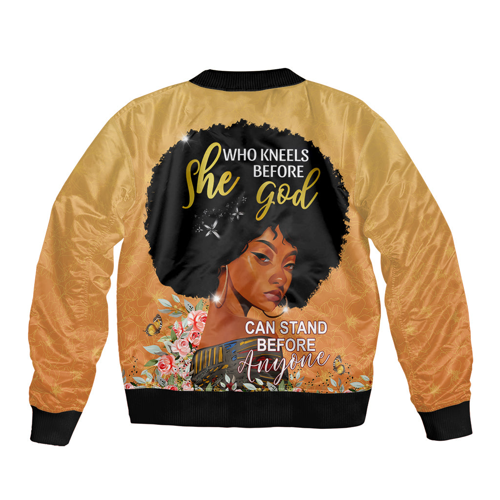 Personalized African Black Women Sleeve Zip Bomber Jacket She Who Kneels Before God - Wonder Print Shop