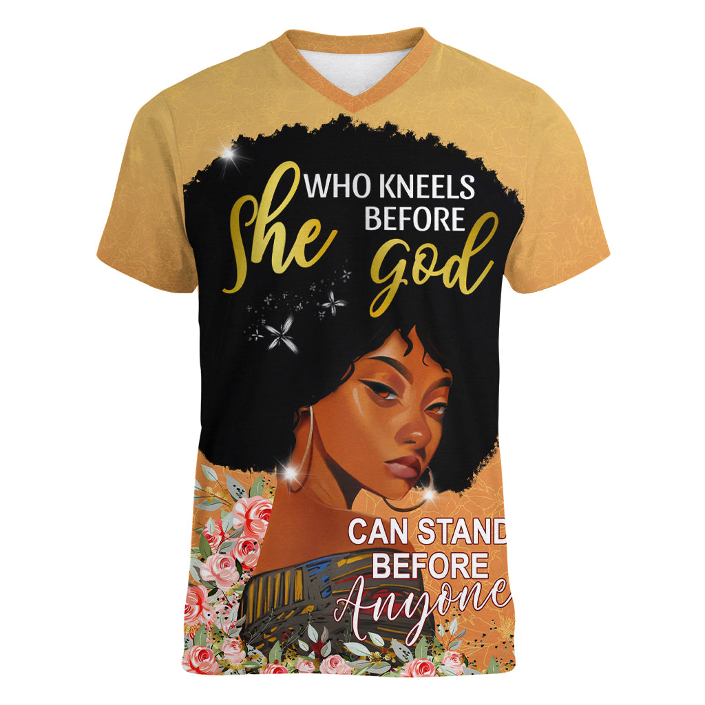 Personalized African Black Women Women V Neck T Shirt She Who Kneels Before God - Wonder Print Shop