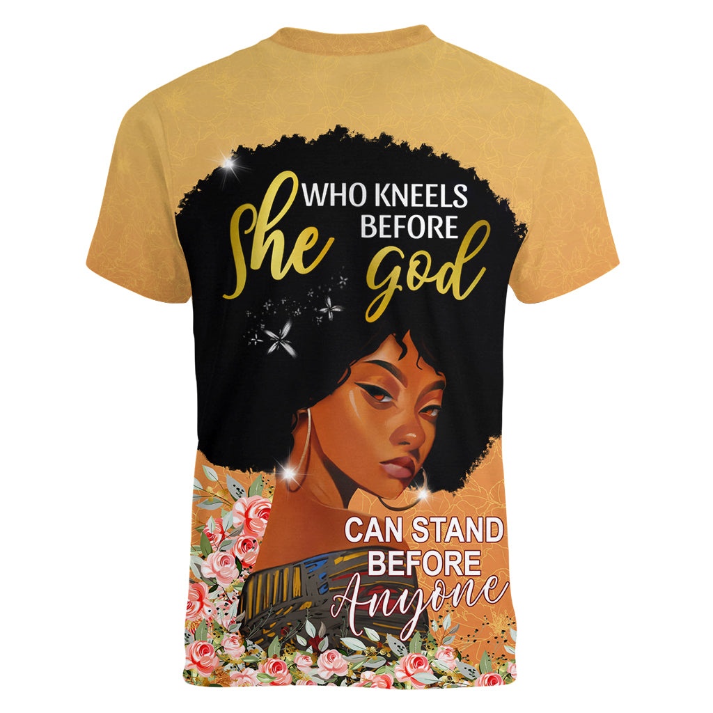 Personalized African Black Women Women V Neck T Shirt She Who Kneels Before God - Wonder Print Shop