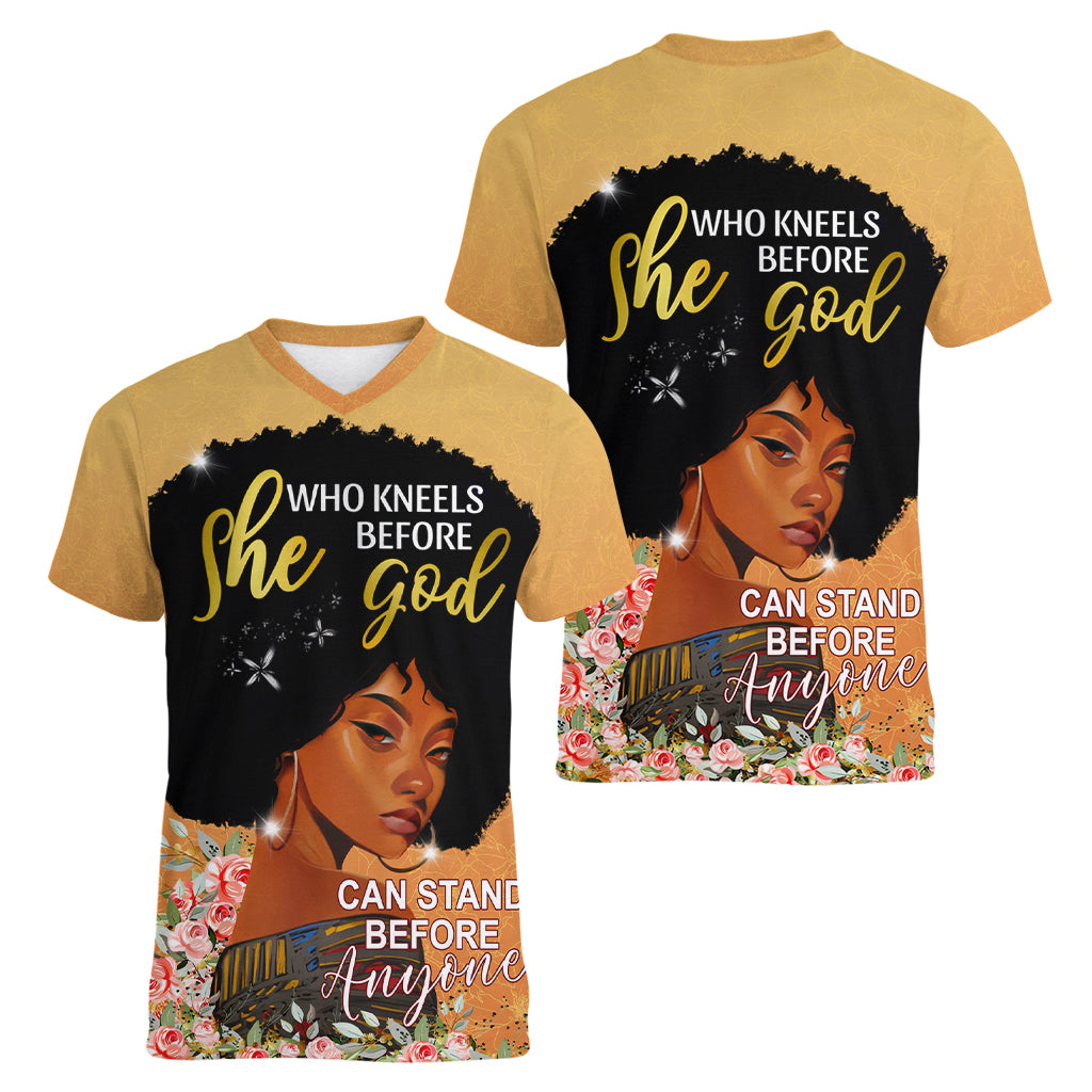 Personalized African Black Women Women V Neck T Shirt She Who Kneels Before God - Wonder Print Shop