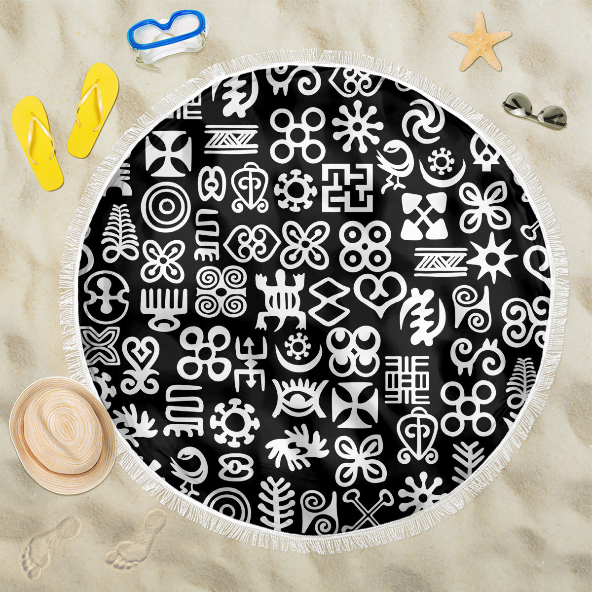 Mix Adinkra Beach Blanket Black Pattern