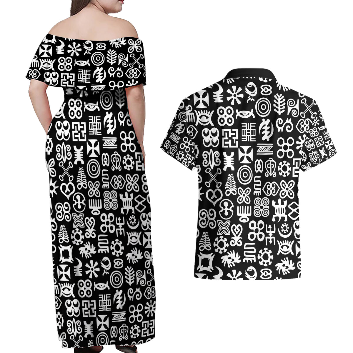 Mix Adinkra Couples Matching Off Shoulder Maxi Dress and Hawaiian Shirt Black Pattern - Wonder Print Shop
