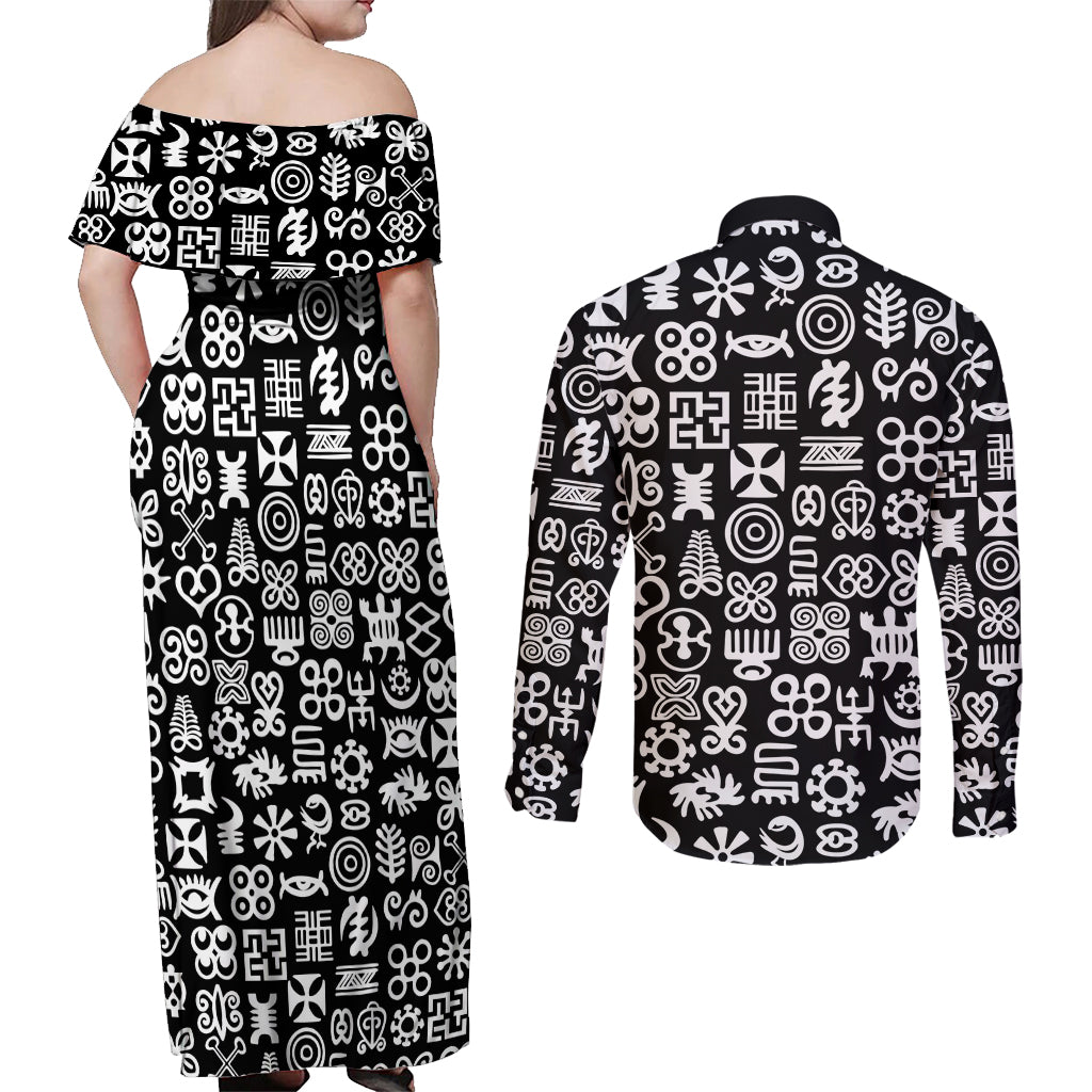 Mix Adinkra Couples Matching Off Shoulder Maxi Dress and Long Sleeve Button Shirt Black Pattern - Wonder Print Shop