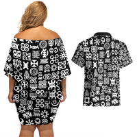 Mix Adinkra Couples Matching Off Shoulder Short Dress and Hawaiian Shirt Black Pattern - Wonder Print Shop
