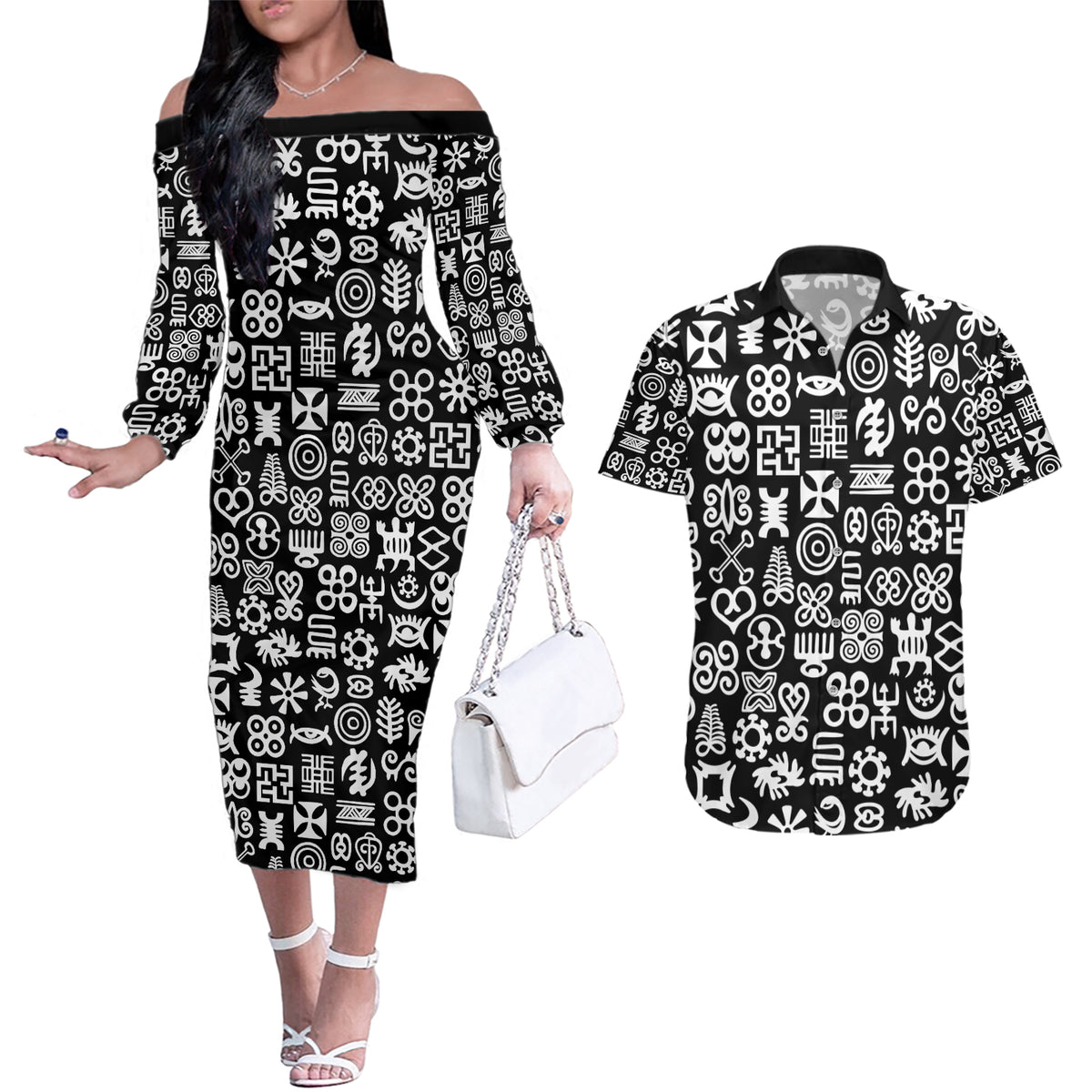 Mix Adinkra Couples Matching Off The Shoulder Long Sleeve Dress and Hawaiian Shirt Black Pattern - Wonder Print Shop