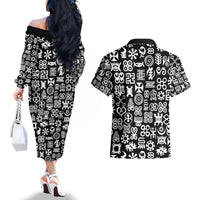 Mix Adinkra Couples Matching Off The Shoulder Long Sleeve Dress and Hawaiian Shirt Black Pattern - Wonder Print Shop