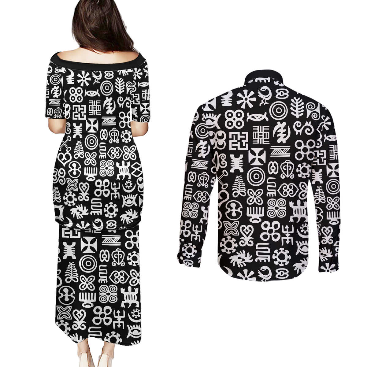 Mix Adinkra Couples Matching Puletasi and Long Sleeve Button Shirt Black Pattern - Wonder Print Shop