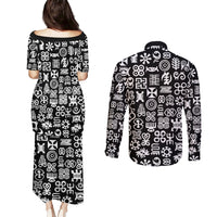 Mix Adinkra Couples Matching Puletasi and Long Sleeve Button Shirt Black Pattern - Wonder Print Shop