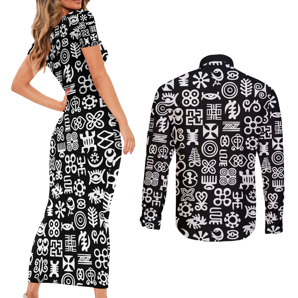 Mix Adinkra Couples Matching Short Sleeve Bodycon Dress and Long Sleeve Button Shirt Black Pattern - Wonder Print Shop