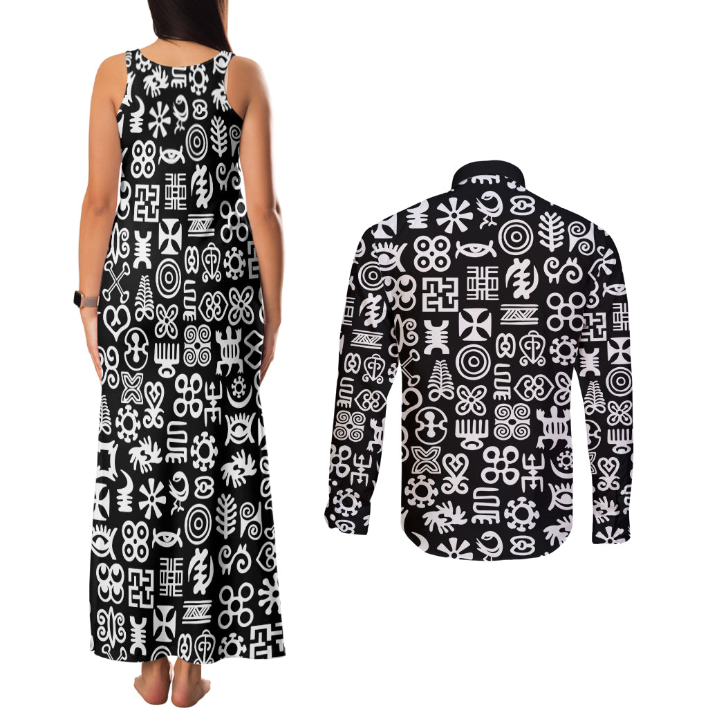 Mix Adinkra Couples Matching Tank Maxi Dress and Long Sleeve Button Shirt Black Pattern - Wonder Print Shop